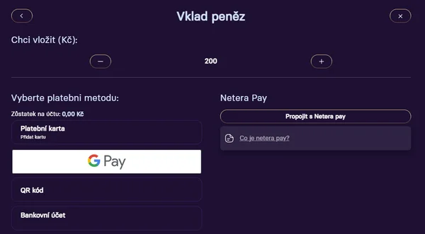 Grandwin: nabídka platebních metod při vkladu 200 Kč