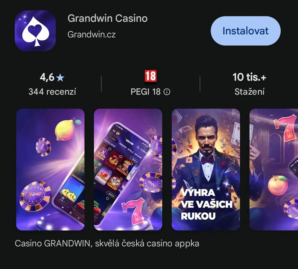 Grandwin Casino v Google Play s tlačítkem Instalovat