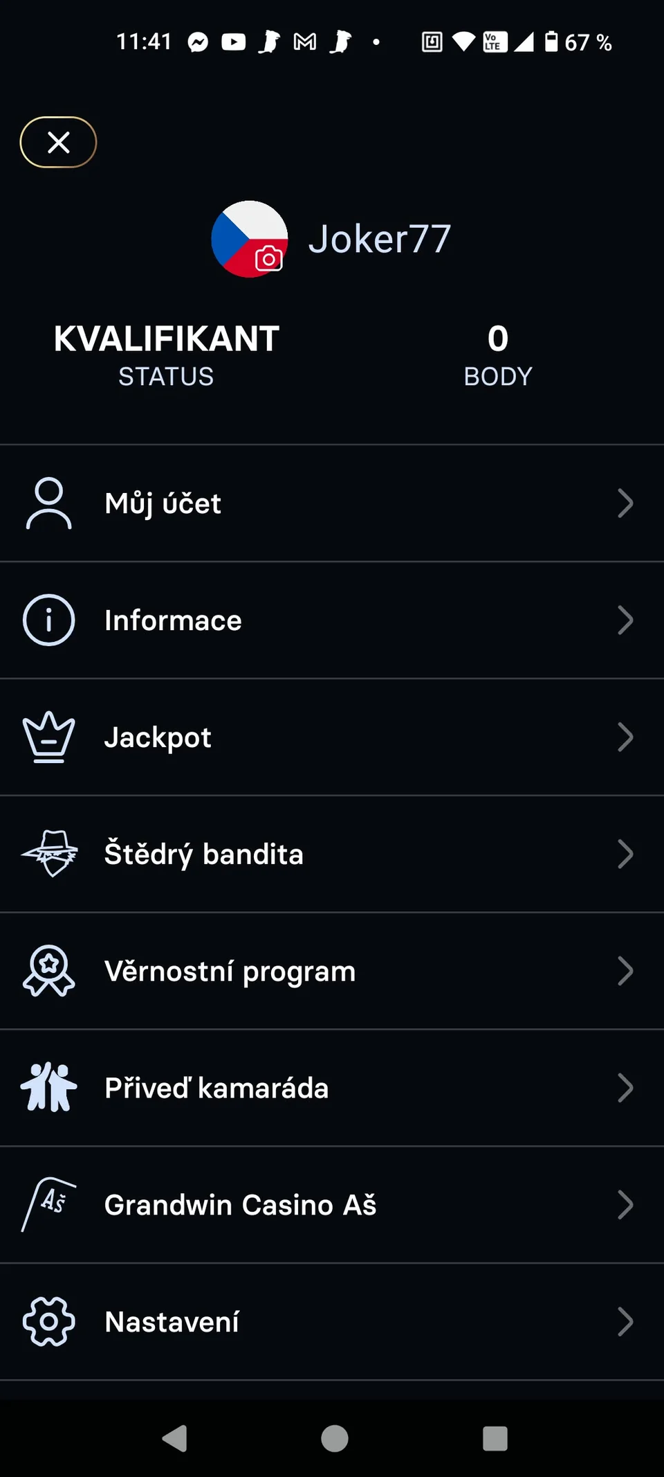 Menu aplikace Grandwin s položkami Můj účet, Věrnostní program a Nastavení