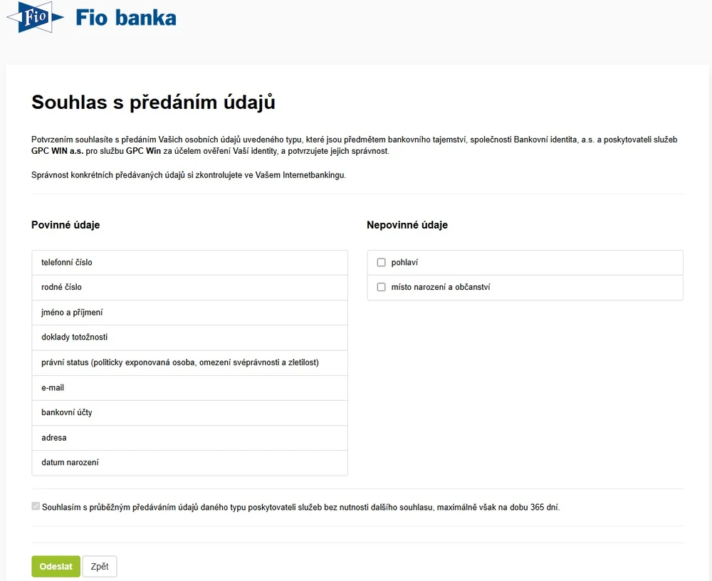 Fio Bank iD: souhlas s předáním kategorií údajů společnosti GPC WIN