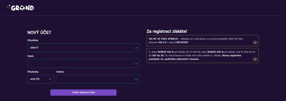 Úvodní formulář Grandwin s přezdívkou, heslem, předvolbou a telefonem