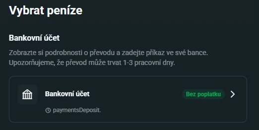 Obrazovka XTB pro výběr peněz na bankovní účet označený bez poplatku