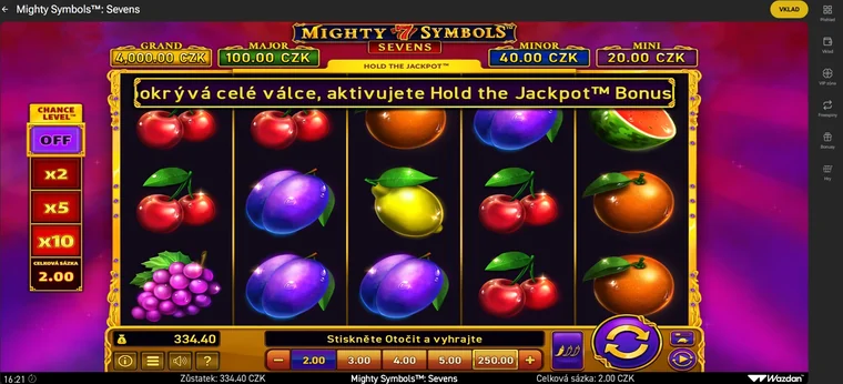 Mighty Symbols Sevens se sázkou 2 Kč a zůstatkem 334,40 Kč na konci automatové části testu