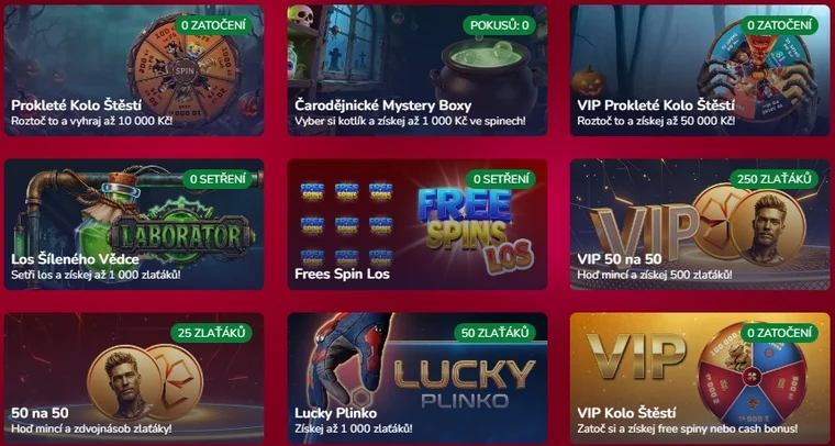 Minihry Luckybetu s počty dostupných pokusů, zatočení a cenami ve zlaťácích