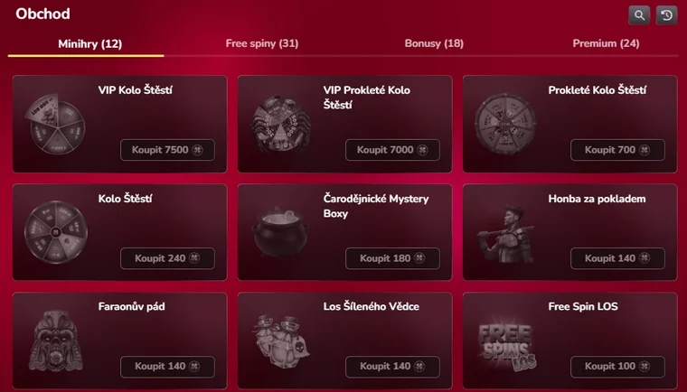 Obchod ve VIP zóně Luckybetu s kategoriemi minihry, free spiny, bonusy a premium