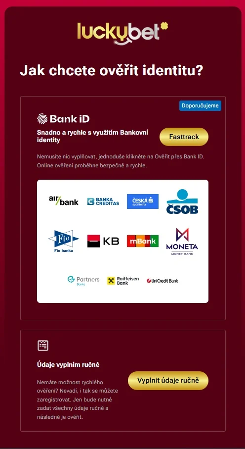 Výběr ověření identity přes Bank iD nebo ručního vyplnění údajů