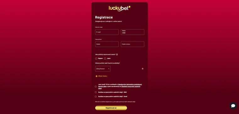 Prázdný registrační formulář Luckybetu s kontaktními údaji, heslem a povinnými prohlášeními