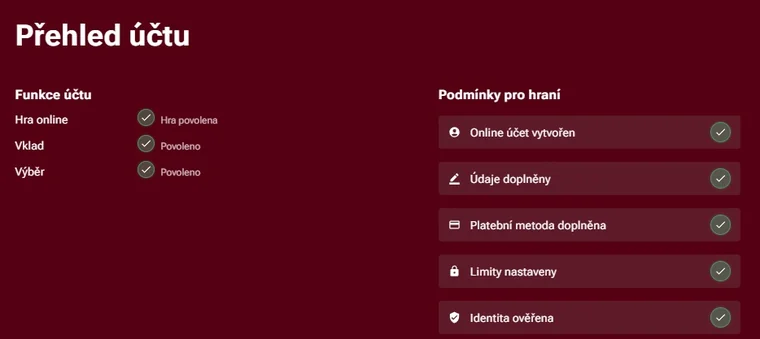 Přehled dokončeného účtu Luckybet s ověřenou identitou, platební metodou a nastavenými limity