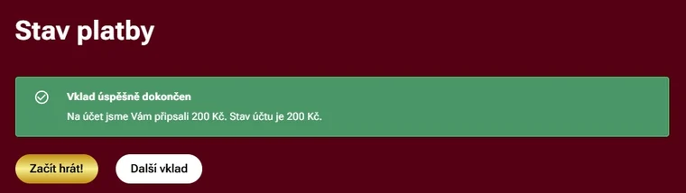 Potvrzení úspěšného vkladu 200 Kč na účet Luckybet