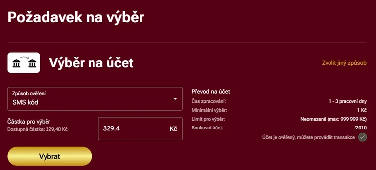 Požadavek na bankovní výběr 329,40 Kč v účtu Luckybet