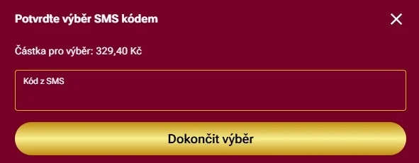 Potvrzení výběru 329,40 Kč pomocí SMS kódu v Luckybetu