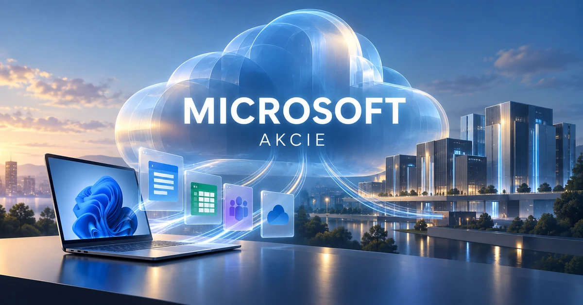 Microsoft akcie – konceptuální ilustrace podnikového softwaru a cloudu