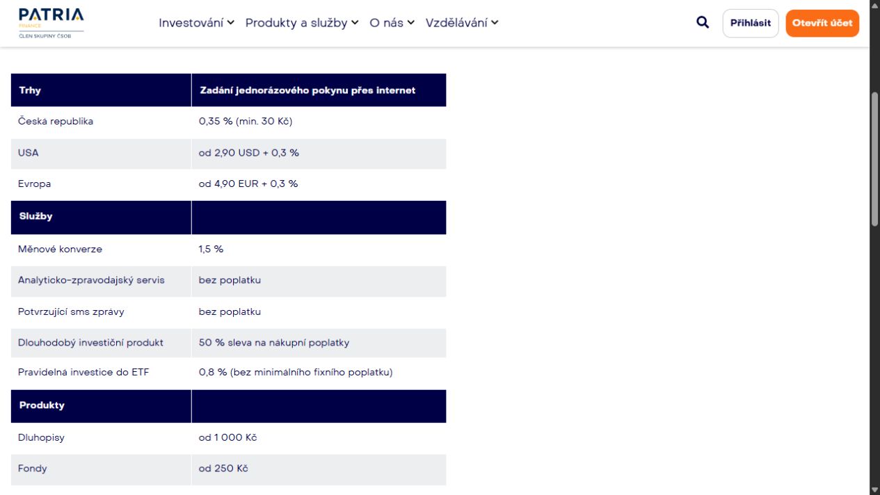 Veřejný přehled ceníku Patria Finance se sazbami pro české akcie, USA, Evropu, měnovou konverzi a pravidelné ETF