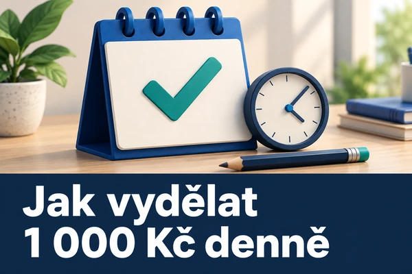 Náhled článku „Jak vydělat 1 000 Kč denně“. Kalendář se splněným úkolem a hodiny: plán pravidelného denního výdělku.