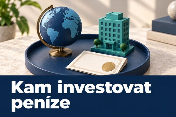 Náhled článku „Kam investovat peníze“. Globus, budova a certifikát představují různé investiční možnosti.