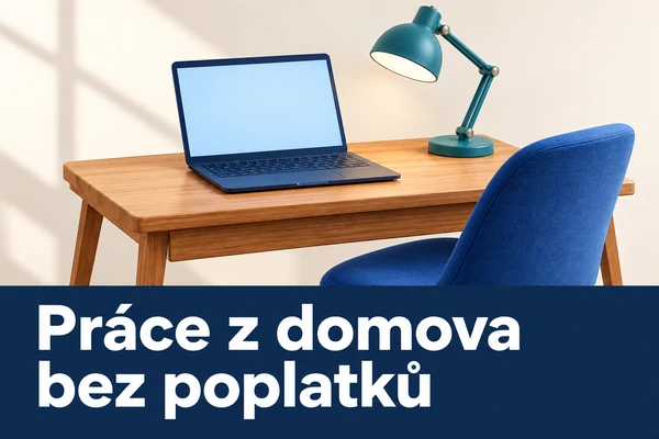 Náhled článku „Práce z domova bez poplatků“. Domácí pracovní stůl s notebookem, lampou a židlí.