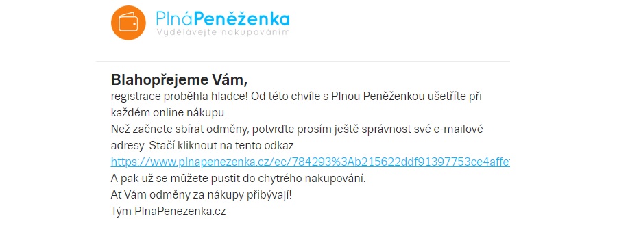 Plná peněženka - uvítací email