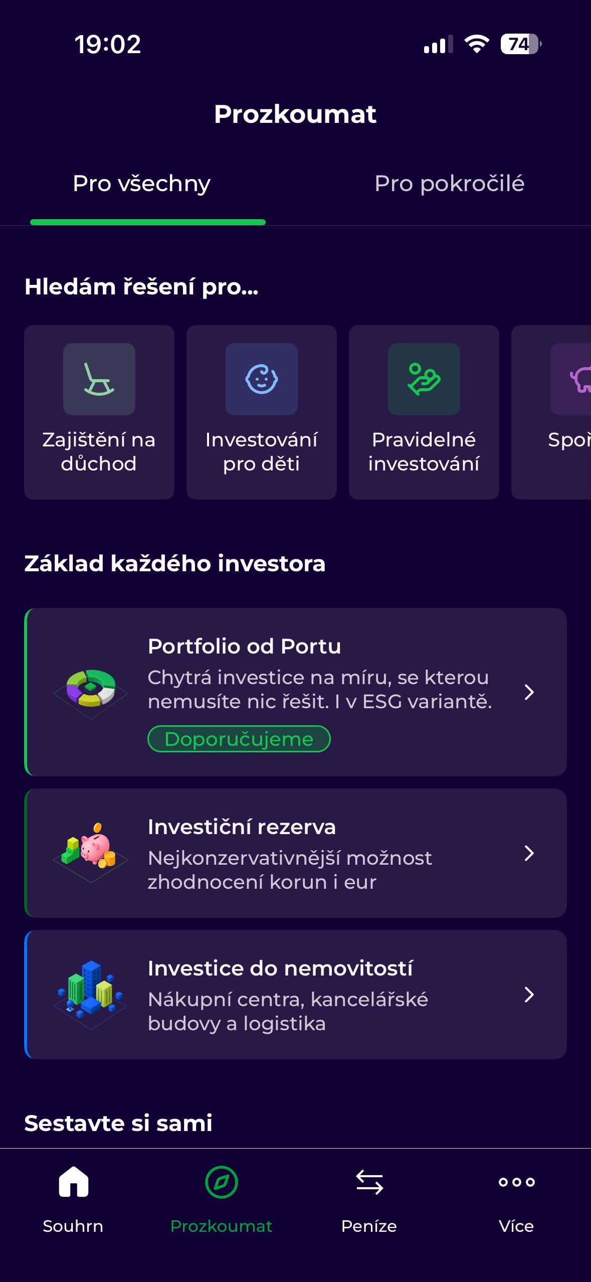 Mobilní aplikace Portu s nabídkou Portfolia od Portu, Investiční rezervy a investic do nemovitostí