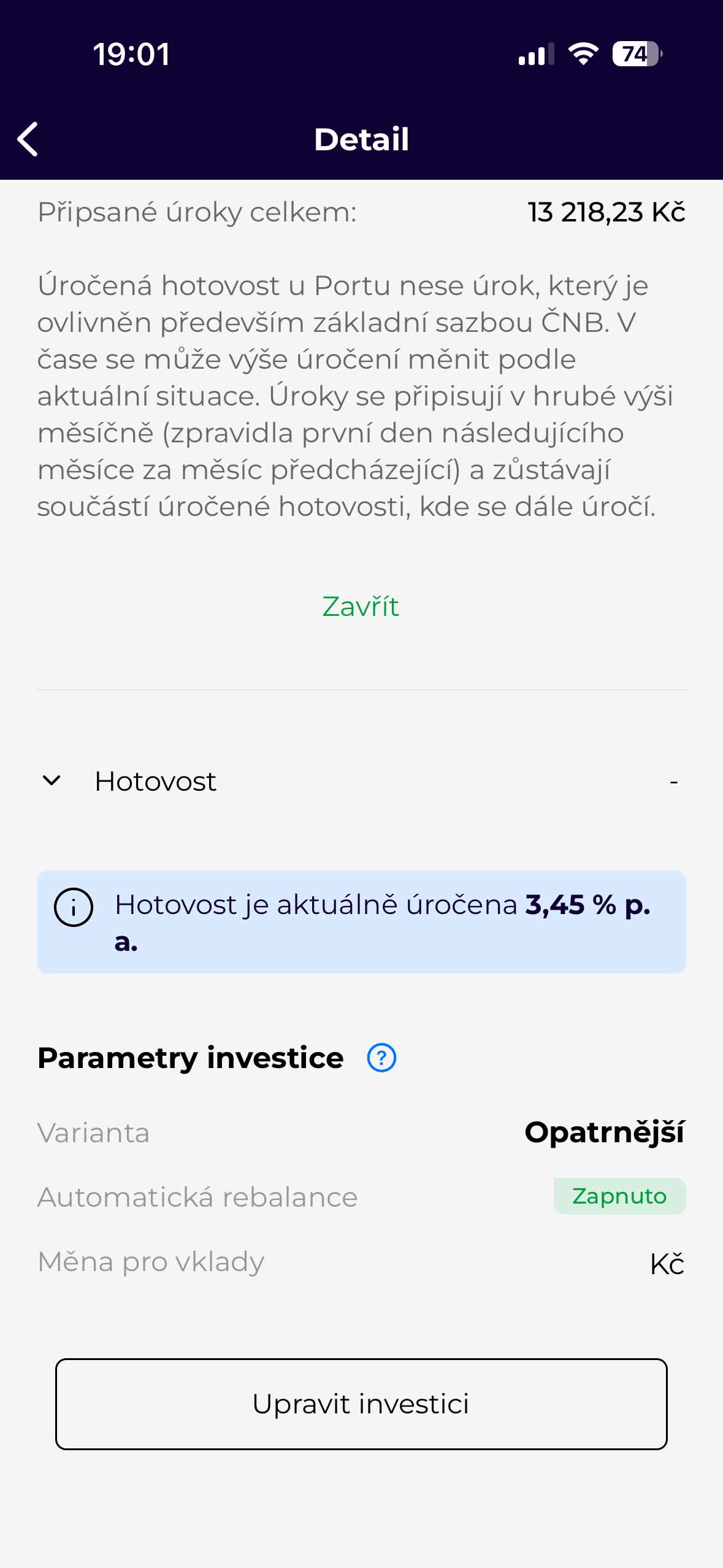 Detail úročené hotovosti Investiční rezervy Moneyo s připsanými úroky 13 218,23 Kč