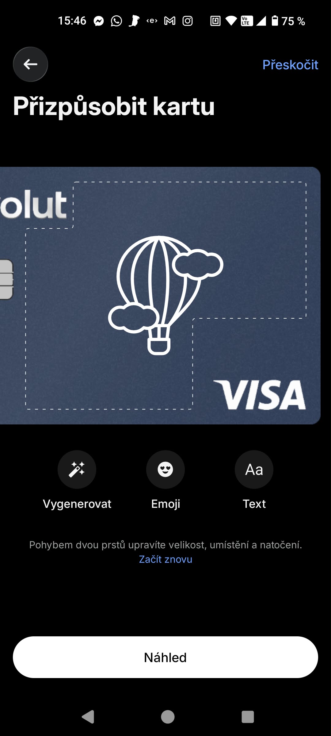 Přizpůsobení karty Revolut pomocí obrázku, emoji nebo textu