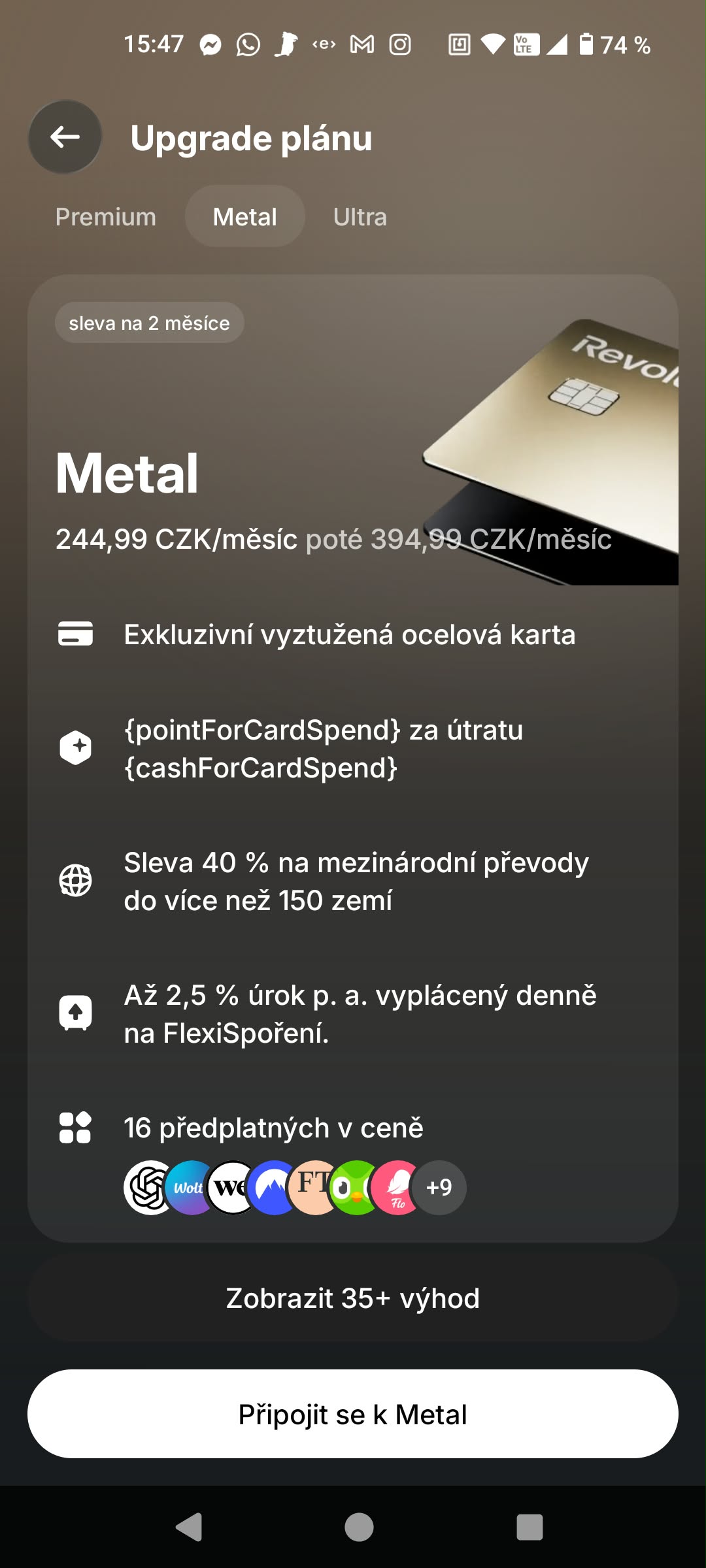 Nabídka Metal za 244,99 Kč měsíčně na dva měsíce, poté 394,99 Kč