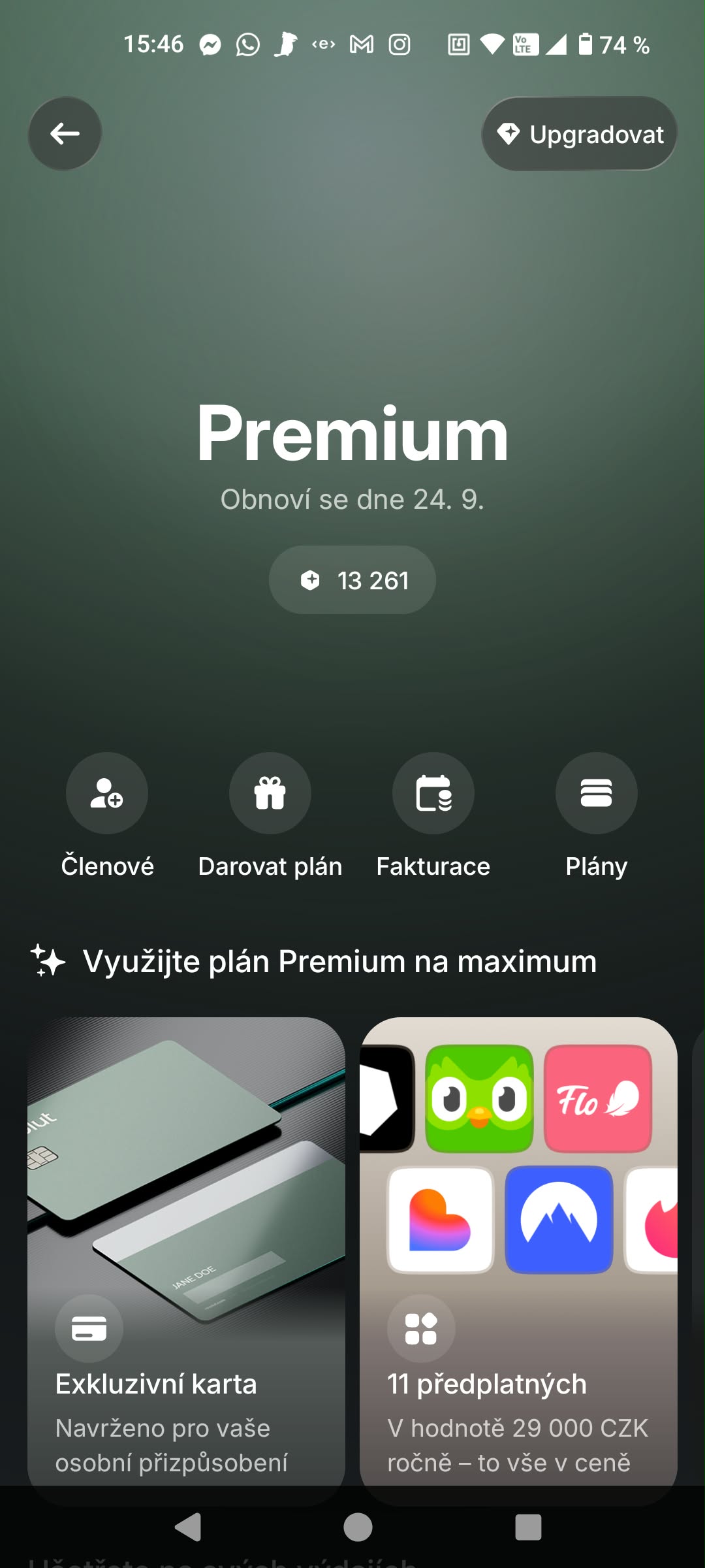 Přehled aktivního Premium s datem obnovení a nabídkou předplatných