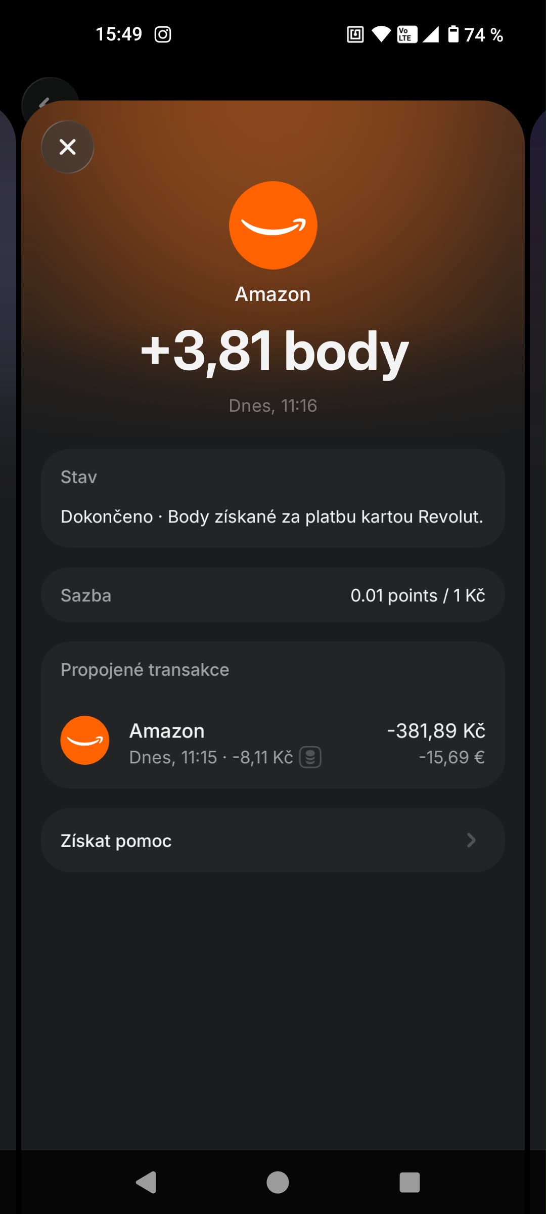 Dokončená odměna 3,81 RevPoints za platbu kartou u Amazonu