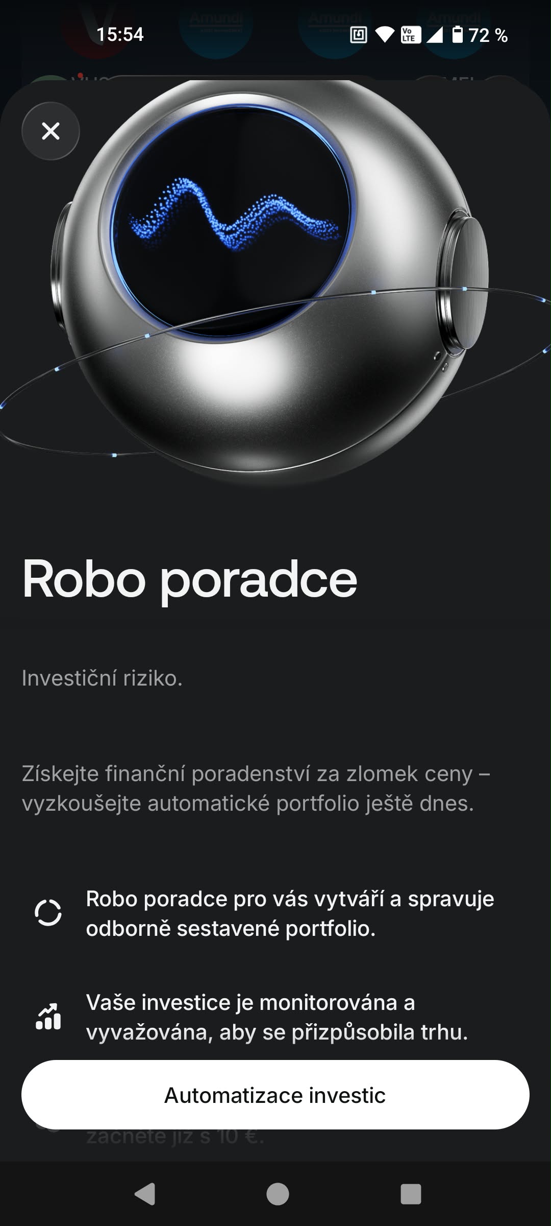 Úvodní obrazovka Robo poradce s nabídkou správy portfolia a upozorněním na investiční riziko