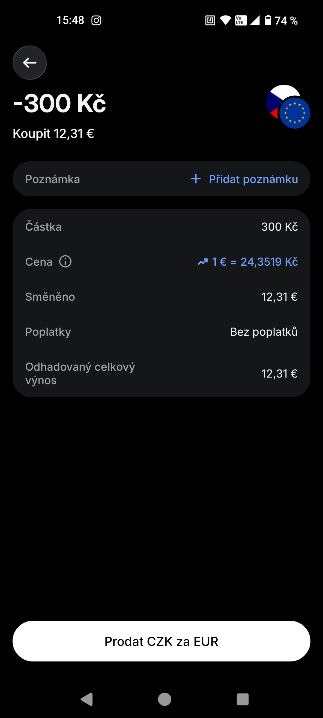 Náhled směny 300 Kč na 12,31 EUR v aplikaci Revolut před potvrzením