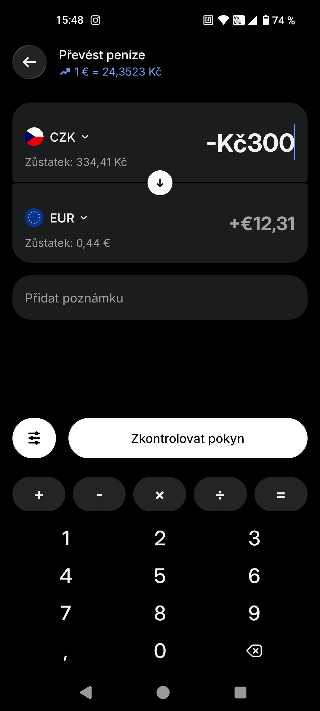 Zadání směny 300 Kč do EUR s tlačítkem Zkontrolovat pokyn