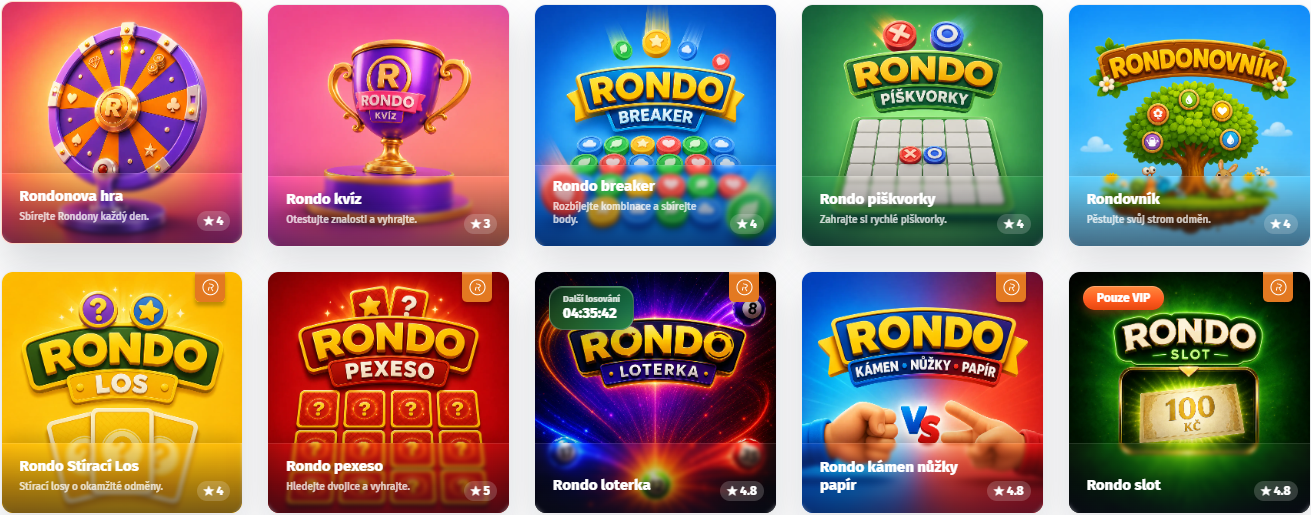 Přehled her Rondo – kvíz, breaker, piškvorky, pexeso, loterka a další hry