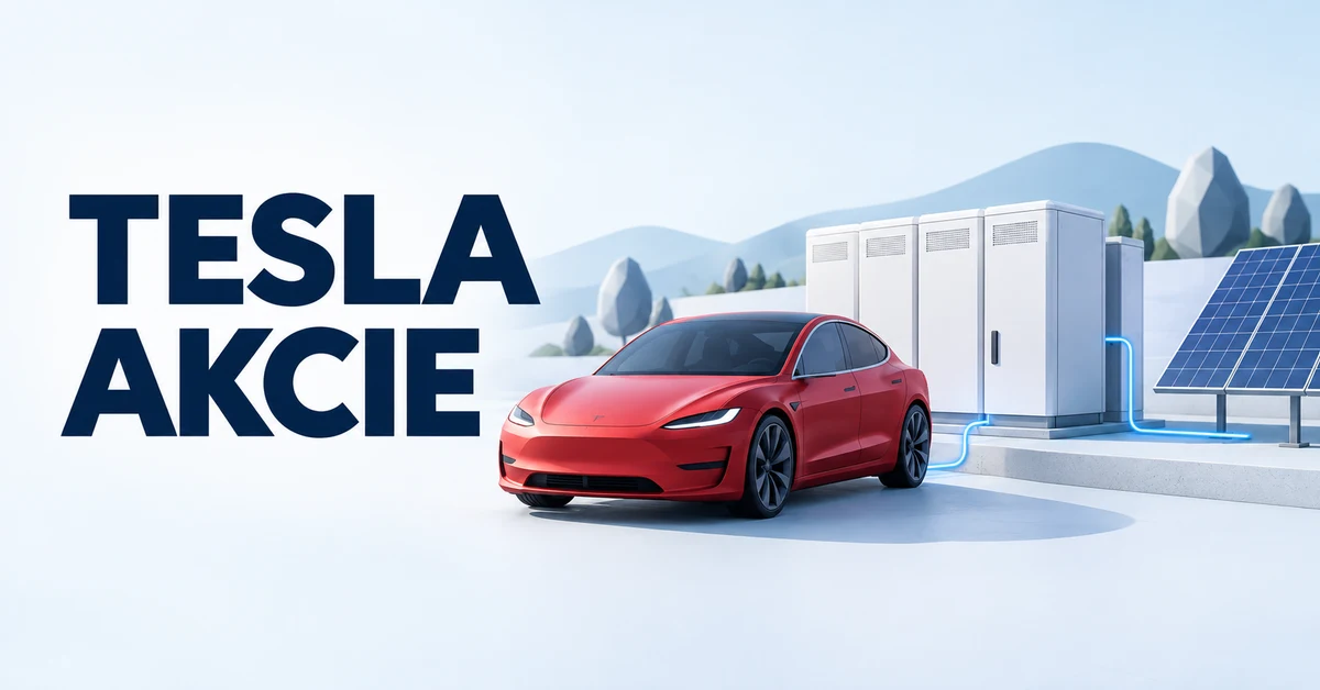 Tesla akcie – konceptuální ilustrace elektromobilu, bateriového úložiště a solárních panelů