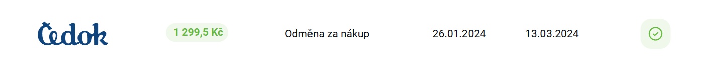 Potvrzená odměna 1 299,50 Kč za nákup u Čedoku v účtu Tipli
