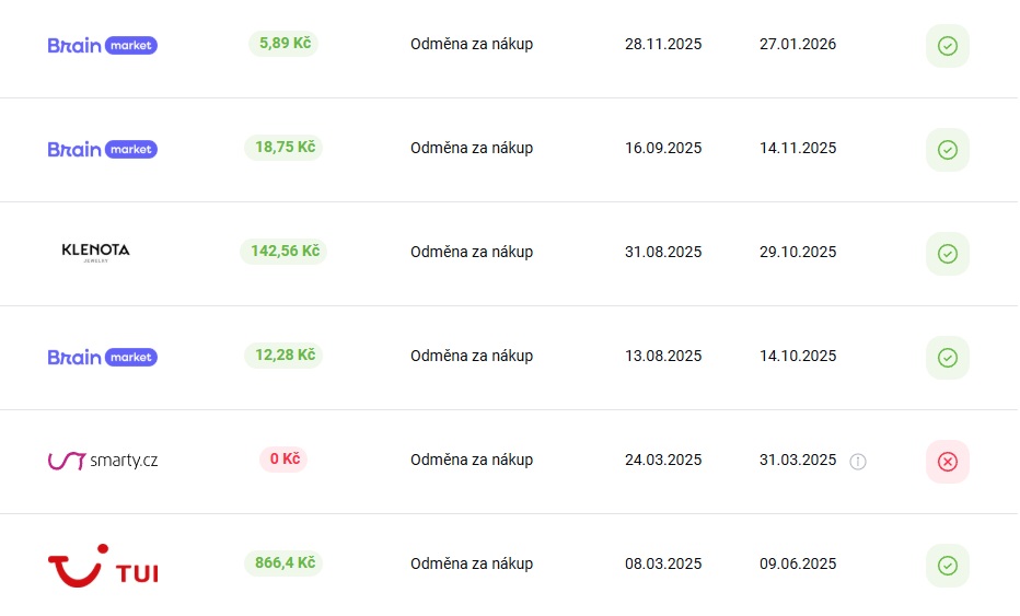 Přehled potvrzených i zamítnuté odměny v osobním účtu Tipli