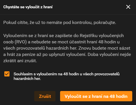 Potvrzení vyloučení z hazardního hraní na 48 hodin v účtu Tipsport