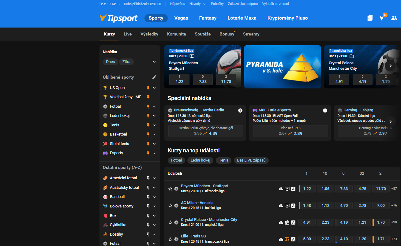 Přihlášené desktopové rozhraní Tipsportu s kurzy, sportovní nabídkou a tiketem