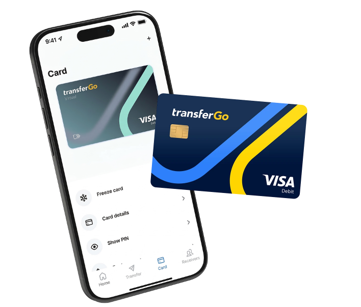 Marketingový obrázek telefonu a debetní karty TransferGo GoCard