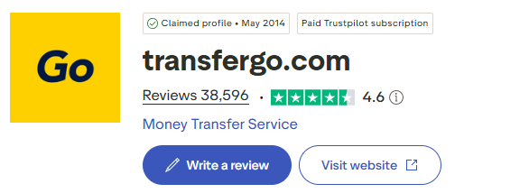 Trustpilot profil TransferGo s hodnocením 4,6 a 38 596 recenzemi dne 13. srpna 2026