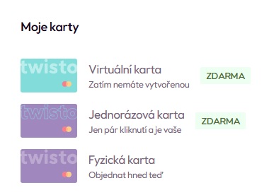 Přehled virtuální, jednorázové a fyzické Twisto karty