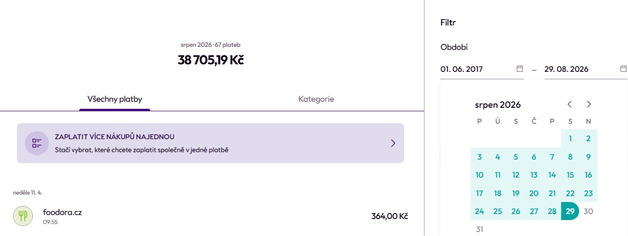 Webové rozhraní Twisto s historií výdajů od roku 2017 a filtrem plateb