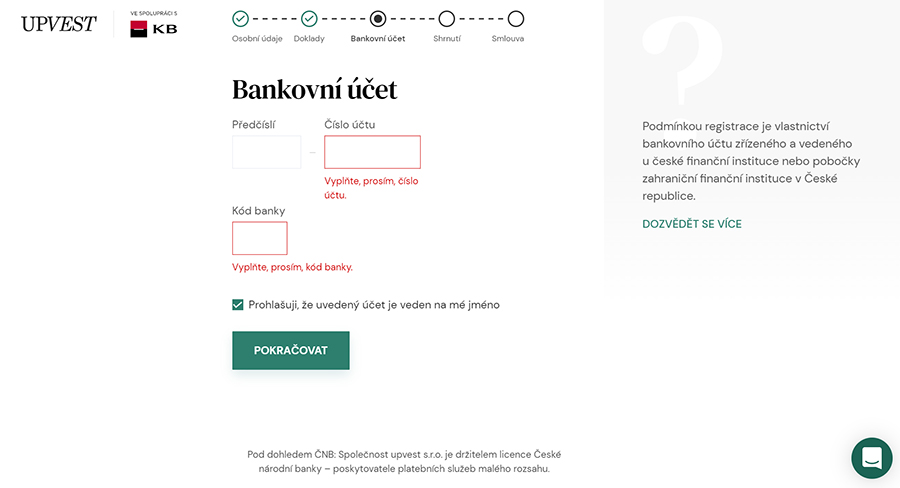 Upvest registrace - bankovní účet