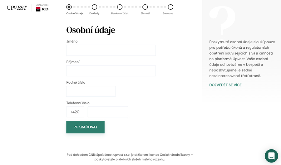 Upvest registrace - osobní údaje