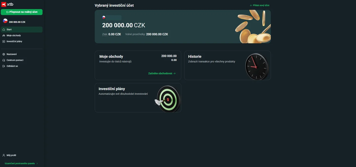 Uživatelské rozhraní demo účtu XTB s virtuálním zůstatkem 200 000 Kč a anonymizovaným číslem účtu