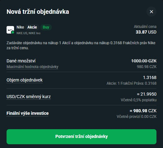 Náhled nákupu Nike v XTB 7. října 2026 rozlišuje jednu akcii a 0,3168 frakčního práva; před potvrzením nejde o výpis provedeného obchodu.