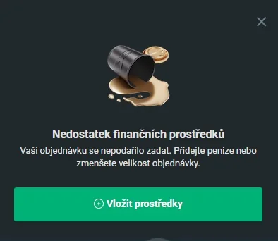 Hláška XTB Nedostatek finančních prostředků při pokusu investovat celých 1 000 Kč
