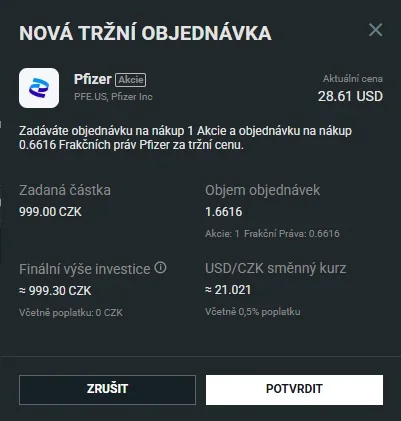 Potvrzení tržní objednávky Pfizer v XTB za 999 Kč s objemem 1,6616