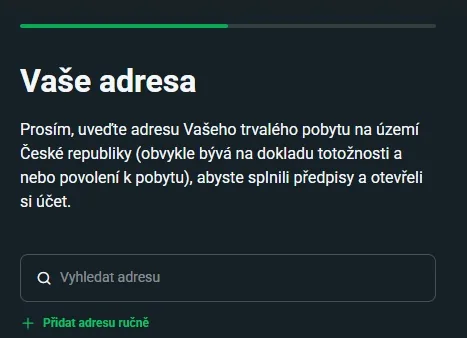 Zadání adresy při registraci XTB