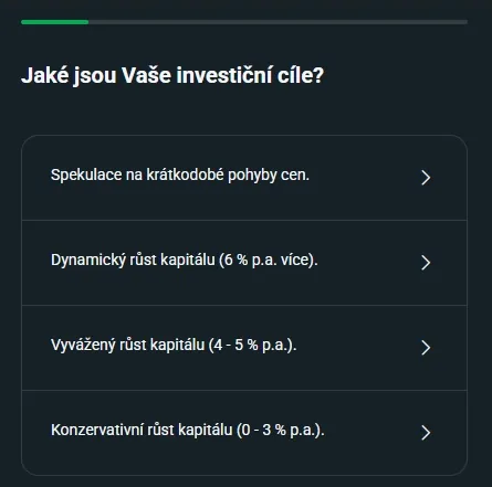 Otázka na investiční cíle v dotazníku XTB