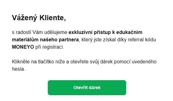 E-mail XTB potvrzující dárek za kód MONEYO v podobě přístupu k edukačním materiálům partnera Moneyo
