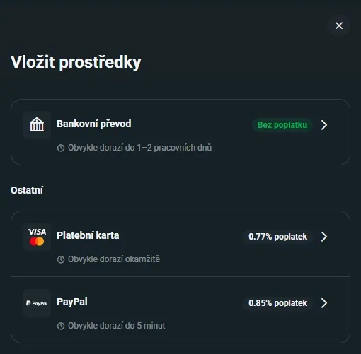 Bankovní převod, karta a PayPal pro opakovaný vklad do XTB